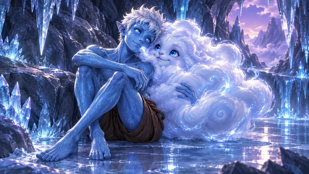 Blue-skinned, white-haired Chill sits beside his cloud companion Cirrus among glowing ice formations.