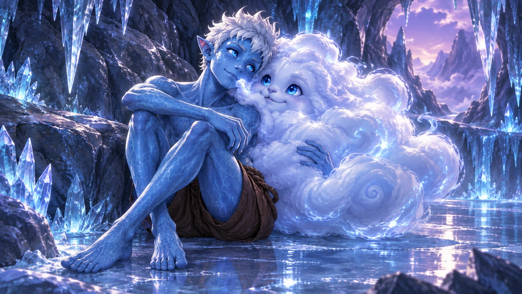 Blue-skinned, white-haired Chill sits beside his cloud companion Cirrus among glowing ice formations.