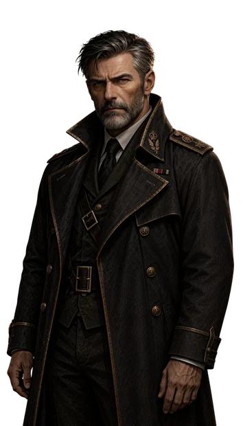 Cliff Henderson in a dark military greatcoat with brass details.