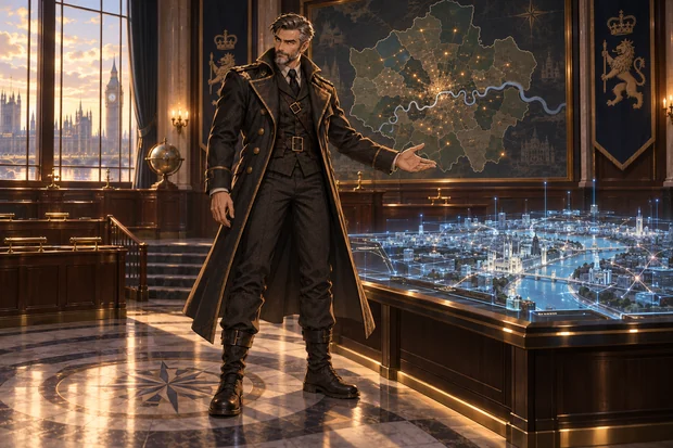 Cliff Henderson stands beside a three-dimensional display of London in an MI6 briefing room.
