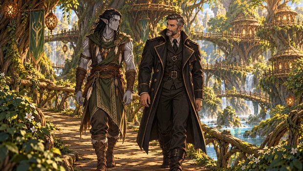 Cliff Henderson in a dark greatcoat walks beside a grey-skinned Onari with pale markings through Yaluma’s tree village.