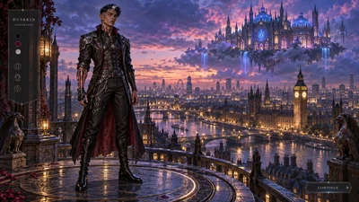 An adult Duskkin avatar with a cybernetic arm in an illustrated character-creator concept above London.