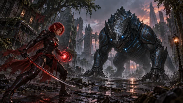 Zara braces with her sword and a crimson blood-magic charge in her free hand, facing the armoured Iron Bloom Behemoth in an overgrown city.