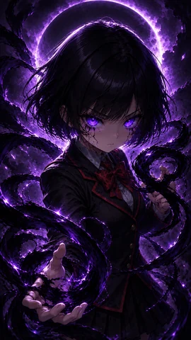 Emily Grimm with a black bob and glowing violet eyes, her school uniform surrounded by curling purple-black shadows.