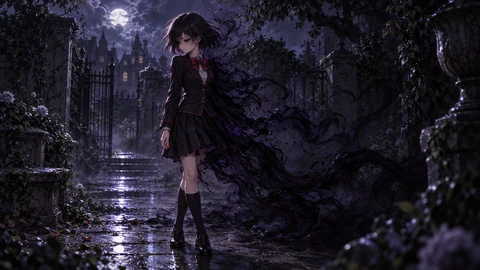 Emily Grimm in a moonlit garden, her black bob and red-bow school uniform visible as one side of her body dissolves into flowing shadows.