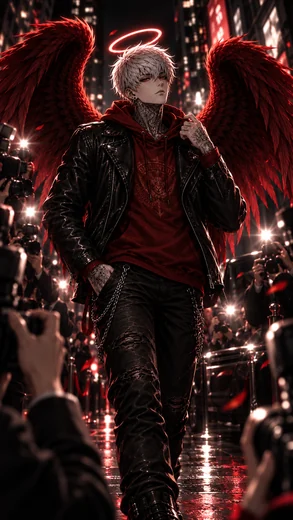Silver-haired Gabriel walks between flashing cameras, wearing black leather and a red hoodie beneath his crimson wings and halo.