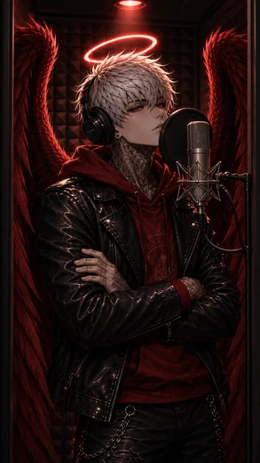 Gabriel wears headphones at a studio microphone, his arms folded beneath silver hair, a crimson halo and feathered red wings.
