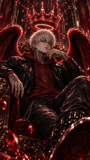 Gabriel lounges on an ornate throne beneath a floating crimson crown, with blood-red wings spread behind him.