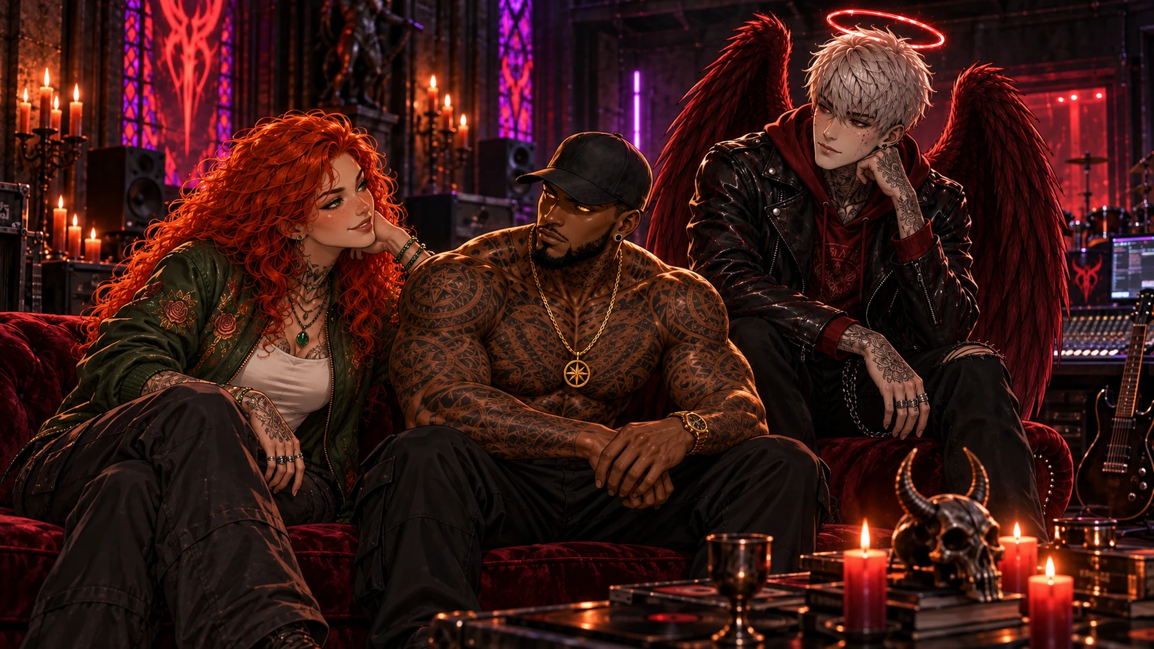 Rose, Truth Hughes and Gabriel sit together on a crimson sofa in their candlelit Gothic studio, with guitars and stained glass behind them.
