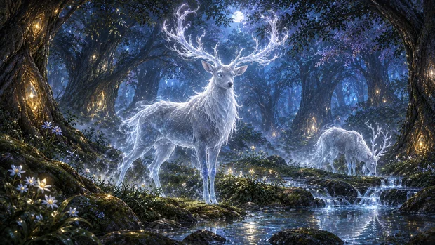 Luminous Mistwraith Stags stand and graze beside a stream among Wooburn’s glowing trees.