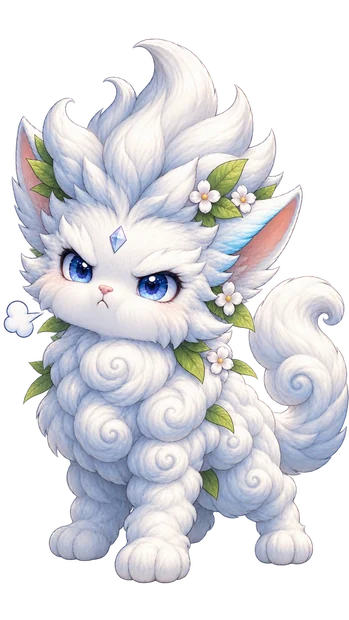 Nimbus pouts with narrowed blue eyes, his white cloud fur, forehead jewel, tiny flowers and fluffy tail clearly visible.