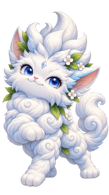 Nimbus tilts his head with a knowing grin, one paw raised, white cloud curls and a leafy flower crown.