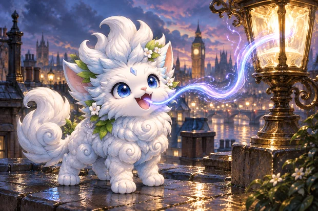 Nimbus happily draws a ribbon of blue-violet magic from a warm street lantern, his white cloud fur and fluffy tail lit against London rooftops.