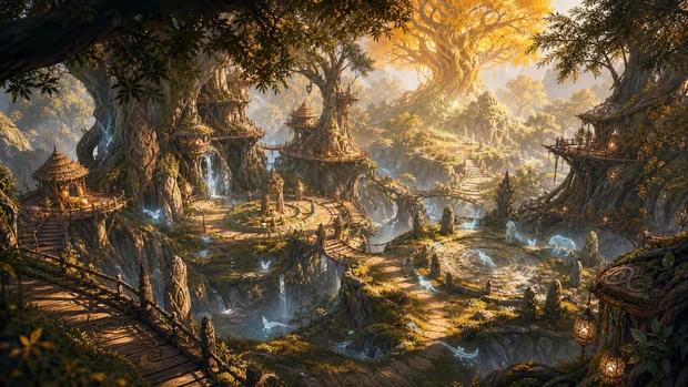 The Onari village among enormous living trees, with homes in the branches and bridges over streams.