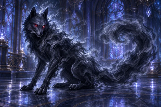 A red-eyed, fanged Shadow Beast with four paws and a long curling tail, its dark body threaded with rolling smoke.