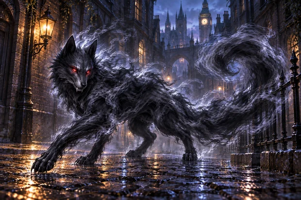 A red-eyed Shadow Beast strides across wet London cobbles, its four-legged body and curling tail trailing ribbons of smoke.