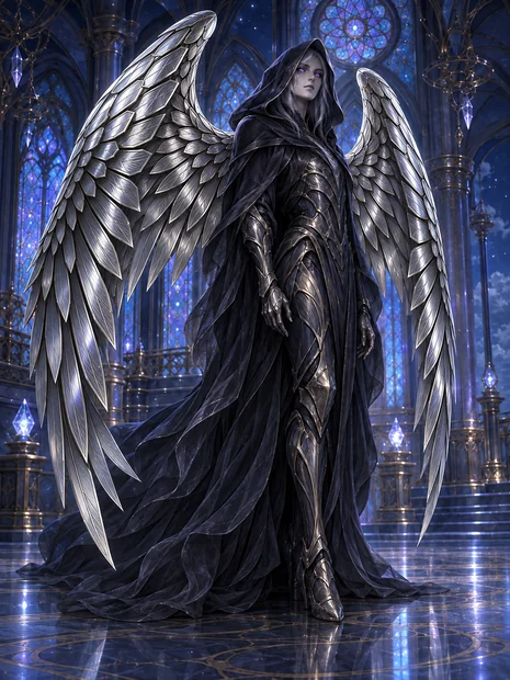 An ageless violet-eyed Silver Wing in flowing dark robes, with two immense wings of polished nickel feathers.