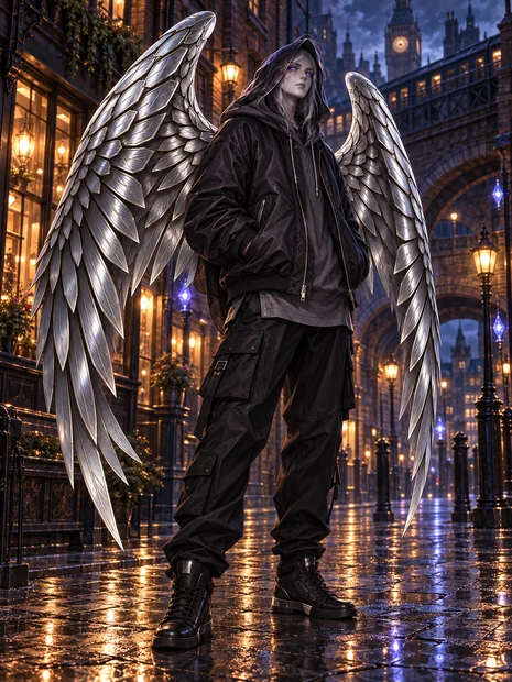 A violet-eyed Silver Wing wears black streetwear and high-top boots beneath two immense metallic silver wings on a lantern-lit London street.
