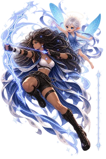 Ashai draws a celestial bow, with her long dark braids in motion and the white-haired, halo-crowned Greah flying beside her.