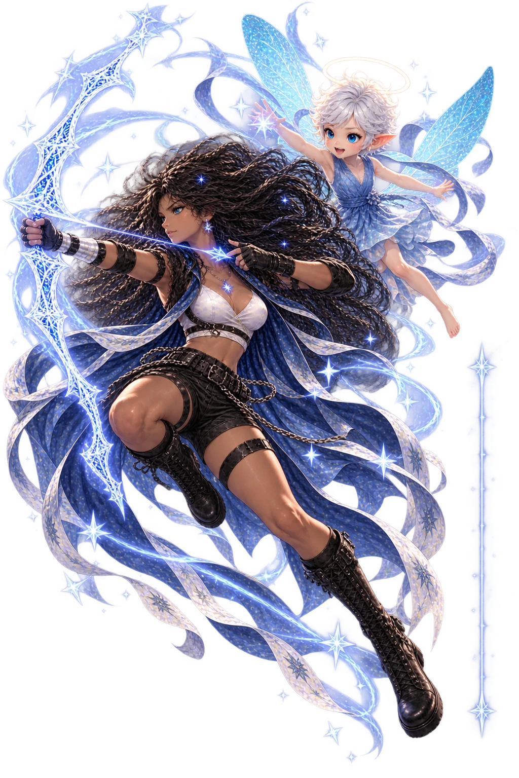 Ashai draws a celestial bow, with her long dark braids in motion and the white-haired, halo-crowned Greah flying beside her.