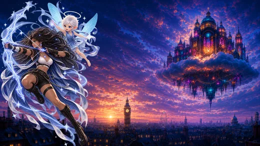 Ashai draws a luminous celestial bow while the small white-haired, halo-crowned Greah flies beside her above London.