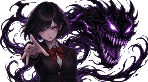 Emily Grimm with violet eyes and short dark hair, combat expression, framed by purple shadow magic.