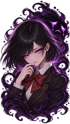 Emily Grimm with violet eyes and short dark hair, curious expression, framed by purple shadow magic.