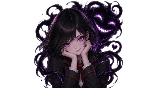 Emily Grimm with violet eyes and short dark hair, impressed expression, framed by purple shadow magic.