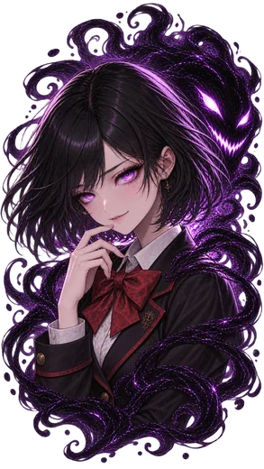 Emily Grimm with violet eyes and short dark hair, laughing expression, framed by purple shadow magic.