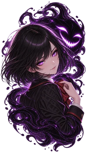 Emily Grimm with violet eyes and short dark hair, mocking expression, framed by purple shadow magic.