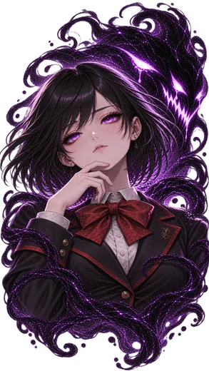 Emily Grimm with violet eyes and short dark hair, thinking expression, framed by purple shadow magic.