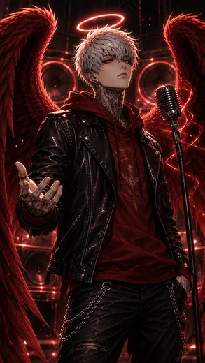 Gabriel performs with a microphone, surrounded by crimson wings and light.
