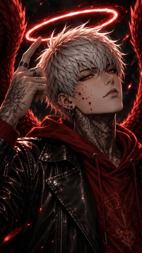Gabriel beneath a crimson halo, with red eyes, silver hair and intricate tattoos.