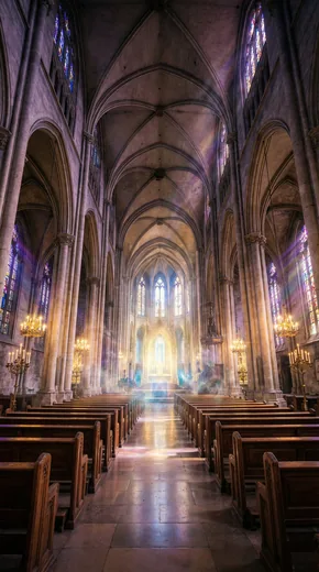 The Church — nave and stained glass.
