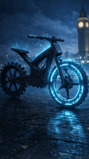 Rune Rider on a rain-slick London street.