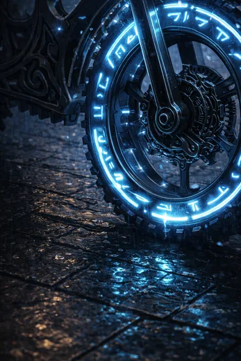 Rune-lit wheel detail.