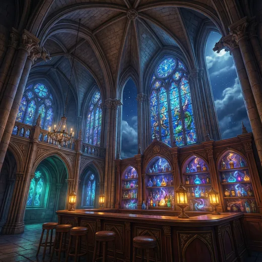 The Sanctuary bar beneath stained glass.