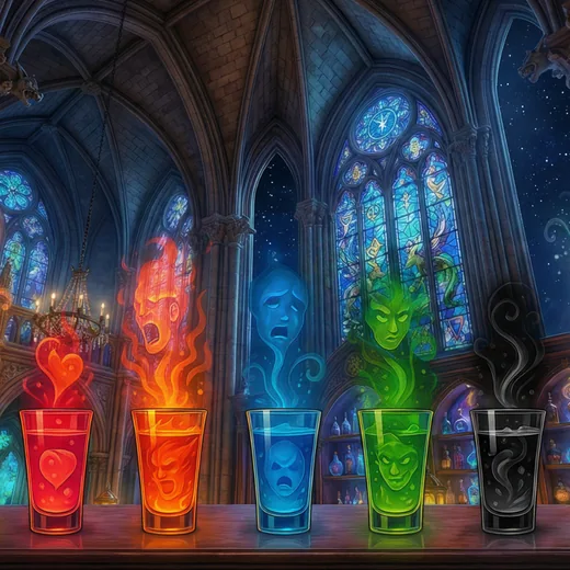 Glowing drinks beneath stained glass.