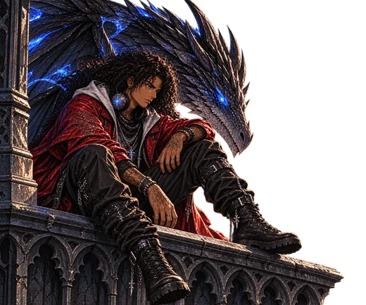 Goaden, with long dark curls, a red jacket and headphones, sits on a stone balcony beside the dark dragon Kai.