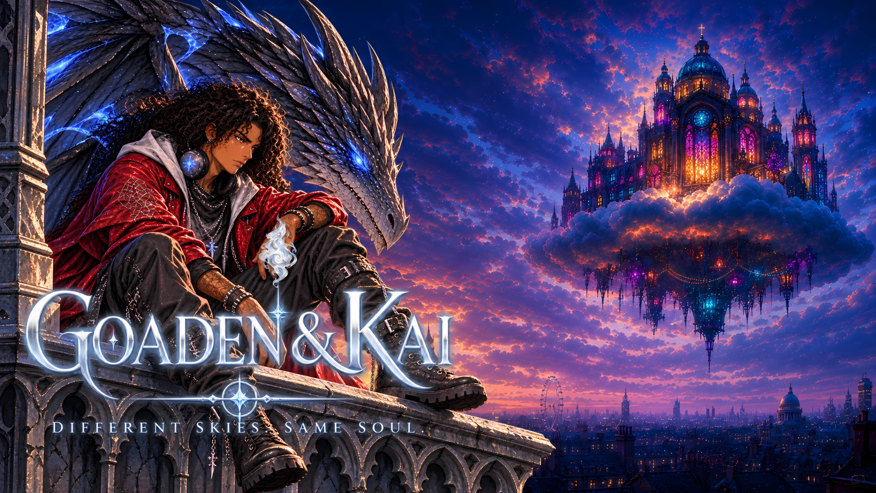 Goaden in a red jacket sits beside Kai, a dark dragon, with the Sanctuary floating over London behind them.
