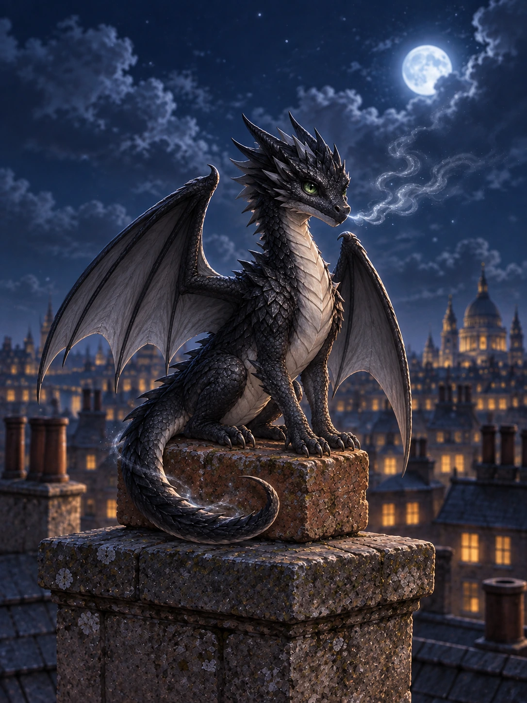 Kai, an obsidian-and-ivory dragon with green eyes, perches on a brick chimney above moonlit London, his wings open and silver smoke curling from his muzzle.