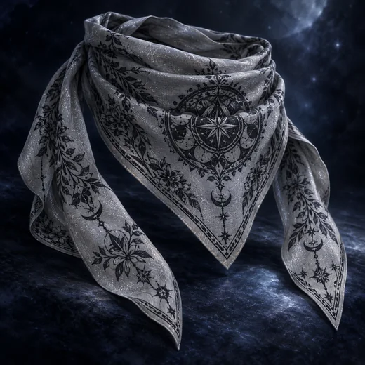 A light-grey Legion bandanna covered in black floral sigils and silver star-thread.