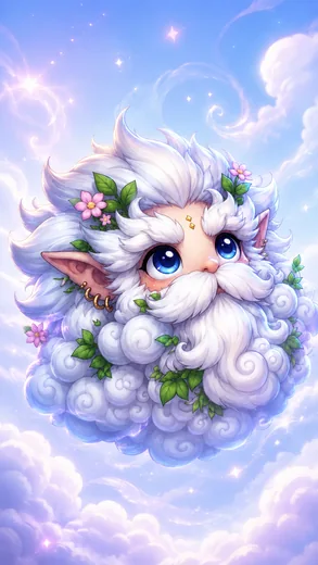 A small blue-eyed cloud creature with a curled white beard, leafy flowers and pointed ears floats in a pastel sky.
