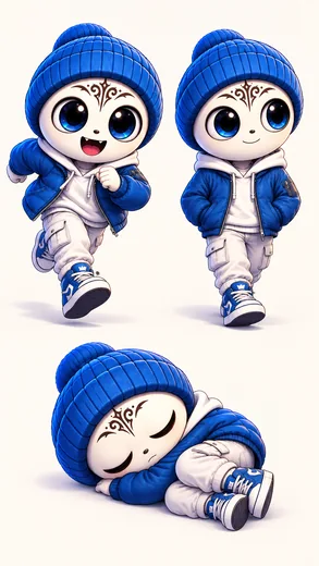 A blue-clad Road Sprite in a beanie is shown standing, walking and sleeping.