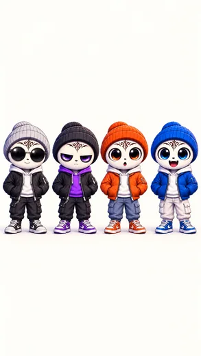Four small Road Sprites in grey, purple, orange and blue streetwear stand together.