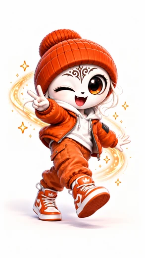 An orange-clad Road Sprite winks and flashes a peace sign.