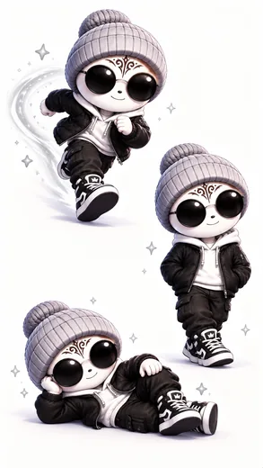 A black-clad Road Sprite in a grey beanie and round sunglasses is shown in three poses.