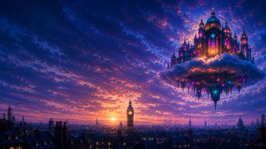 A luminous cathedral-like nightclub floats on clouds above the London skyline at sunset.