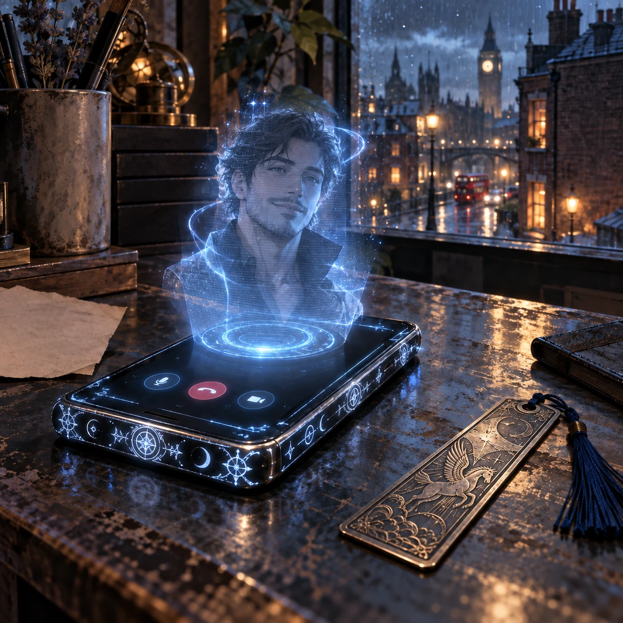 A phone projects a blue holographic caller beside an engraved bookmark, with London beyond the window.