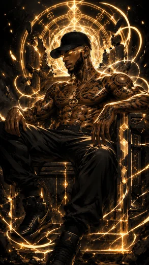 Truth Hughes, tattooed and wearing a black cap, sits on a stone throne surrounded by golden light.